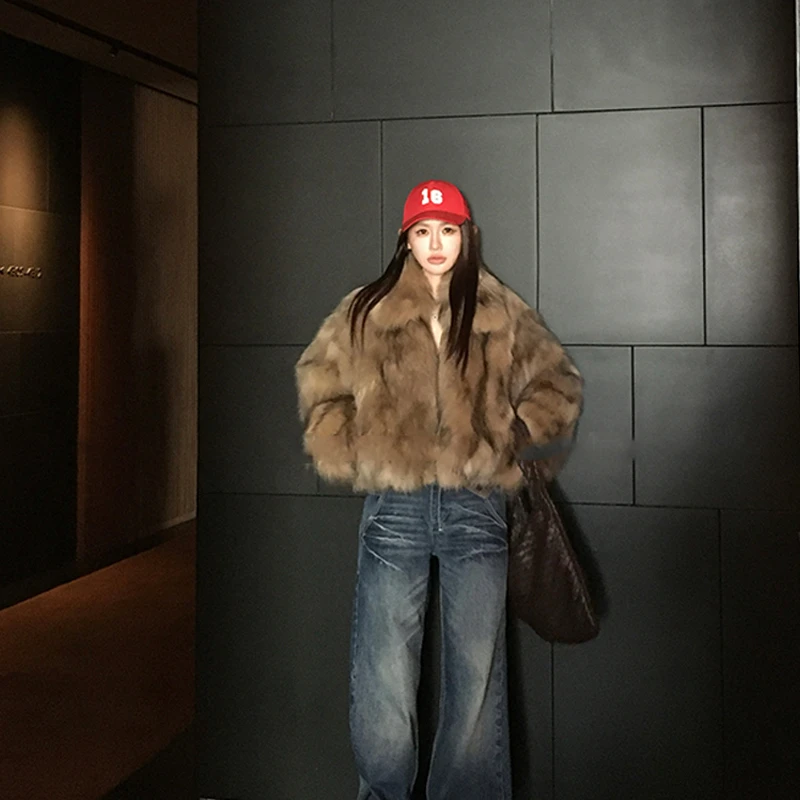 人造皮草 冬季新款万年中古色年轻款人造皮草2024新短款毛毛外套