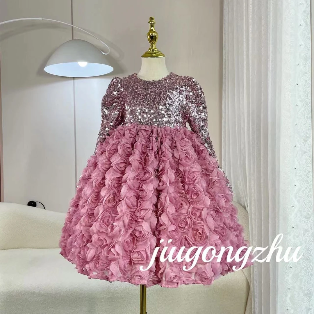 【蔷薇之夜】女童亮片连衣裙加绒立体花朵法式公主裙女孩粉色裙子
