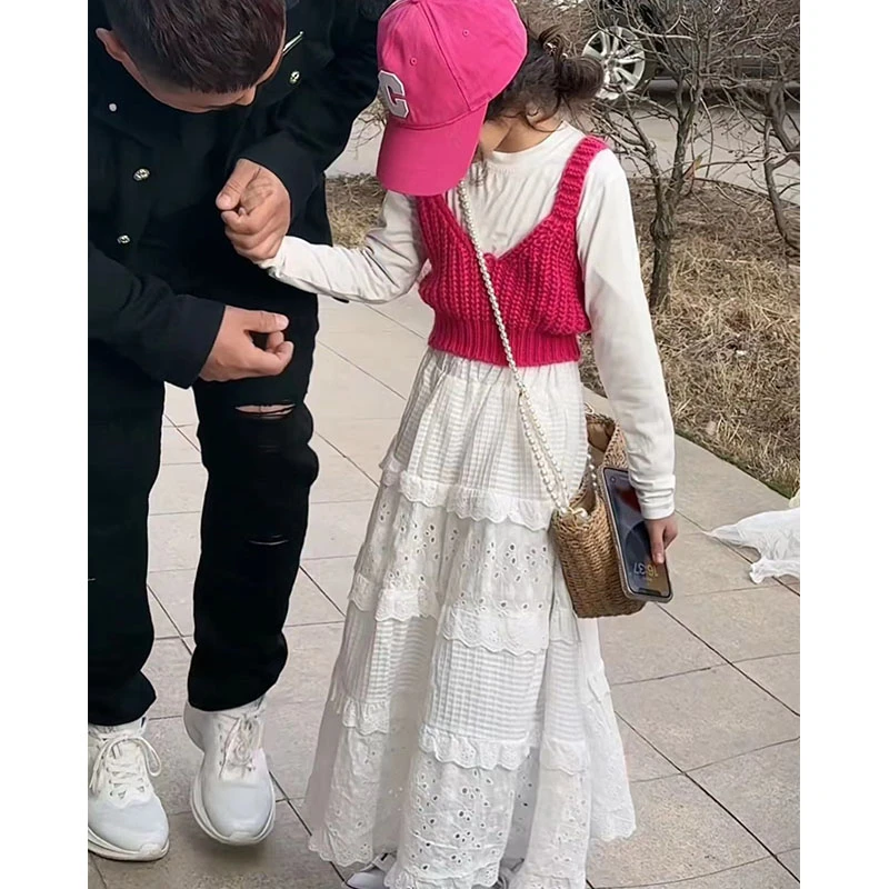 女童针织马甲套装洋气时髦女孩背心打底衫叠穿上衣大童裙子两件套