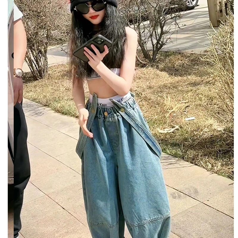 女童牛仔背带裤长裤
