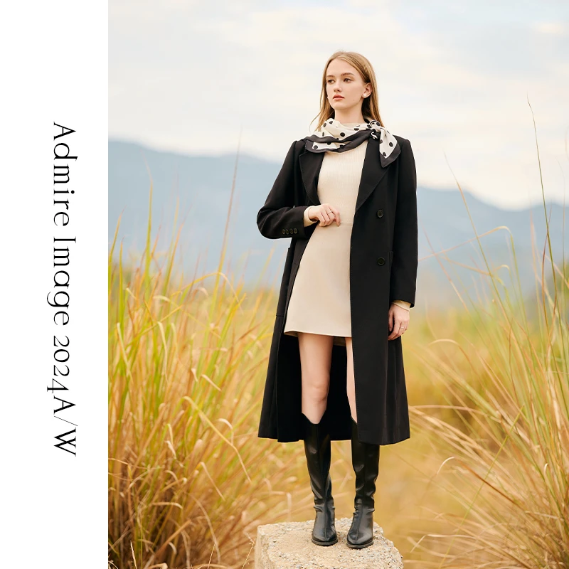 精纺风衣外套气质时尚黑色中长款修身秋冬显瘦女士过膝毛呢冬季