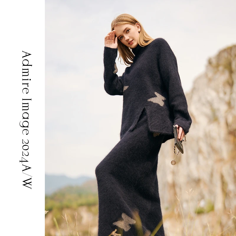 高领开叉毛衣黑色棉羊毛宽松中长款加厚保暖圆领秋冬套头时尚气质