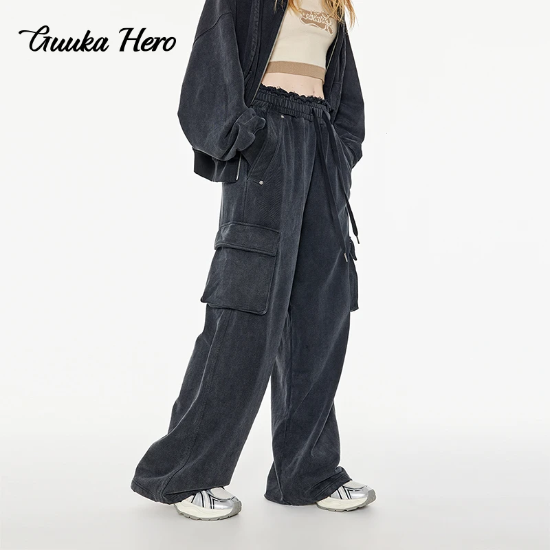 GUUKAHERO黑复古做旧卫裤女冬季宽松辣妹工装裤休闲运动长裤S7823