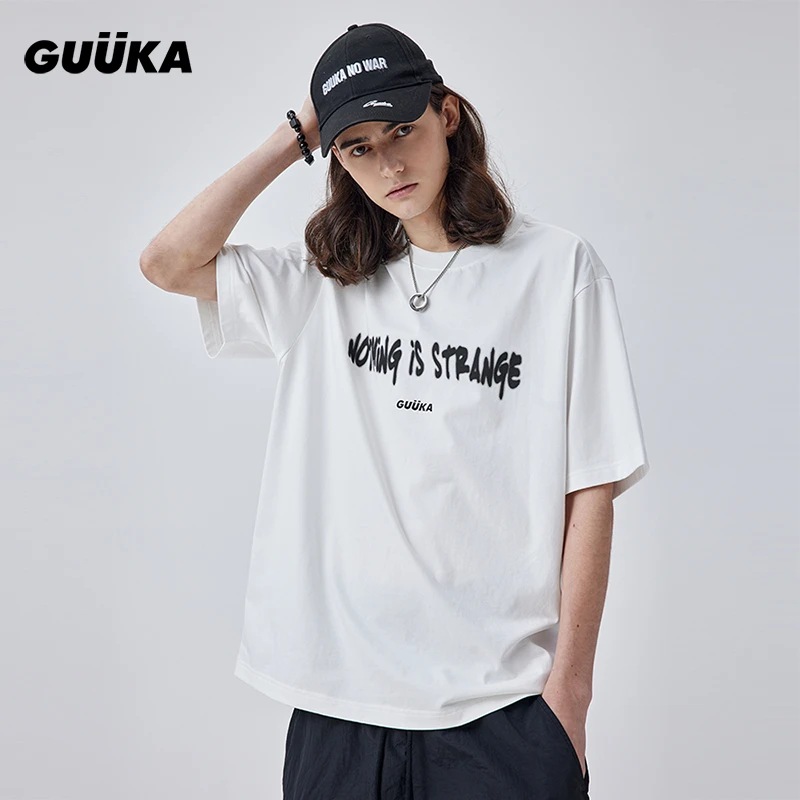 GUUKA潮流重磅短袖T恤百搭纯棉潮情侣夏季宽松F7445刺绣T恤高档