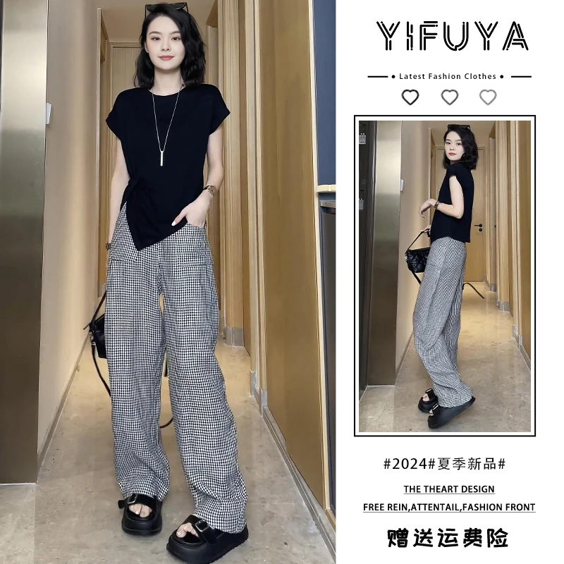 夏装搭配黑色不规则上衣女2025新款防晒衣T恤垂坠感裤子两件套