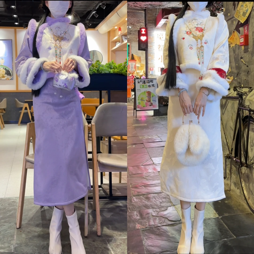 【锦鲤】新中式国风改良旗袍连衣裙+马甲修身冬季过年拜年时尚套装