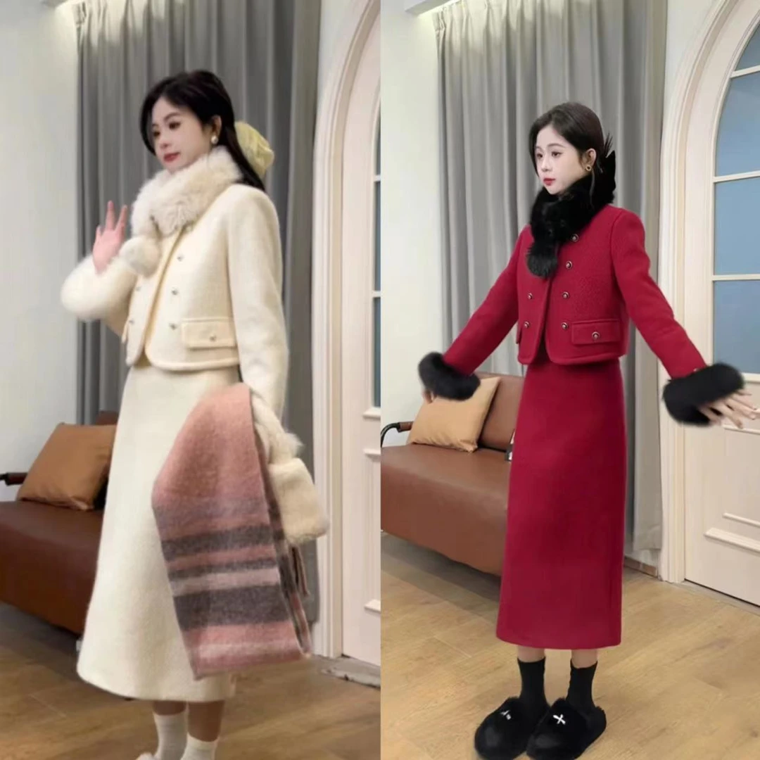 【千金归来】法式气质小香风毛呢加厚外套+半身裙设计感两件套装