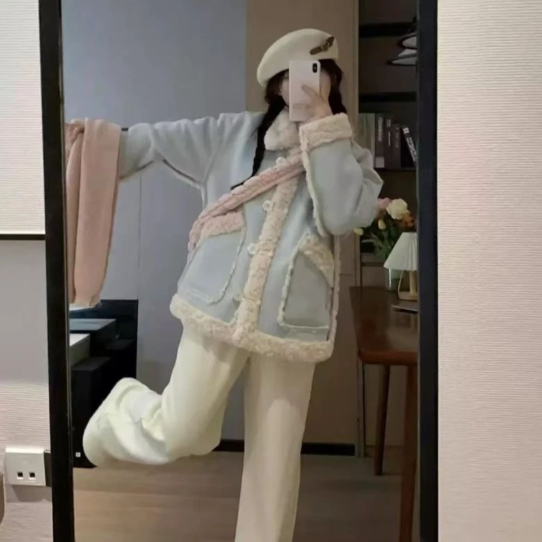 奶蓝色两面穿韩系皮毛一体羊羔毛外套女冬季2024新款加绒加厚棉衣