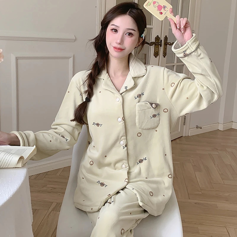 秋冬季睡衣女加厚珊瑚绒海岛绒甜美宽松休闲可外穿大码家居服套装
