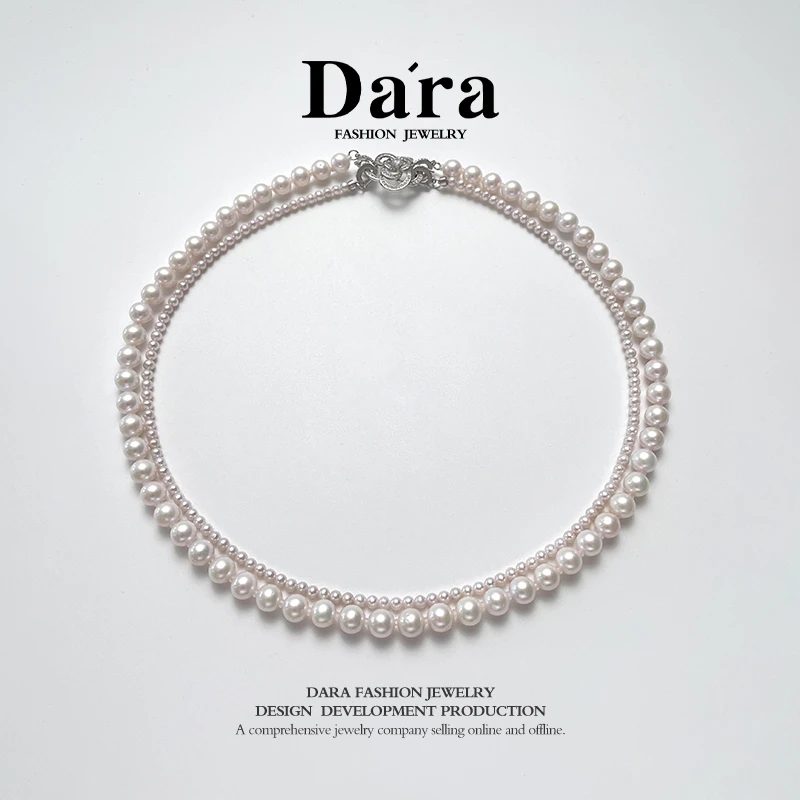 DARA/戴拉【外贸家】s925银3-4/6-7mm樱花粉色花朵扣双层链淡水珍珠