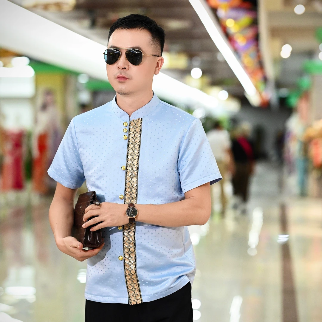 隋金金西双版纳傣族服装传统中式夏季青年立领短袖衬衫上衣中国风