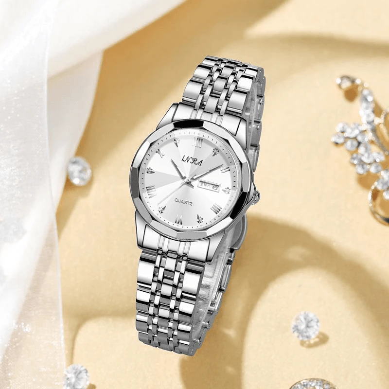 【港口直发】女老板气质双日历实心钢带手表防水夜光女士腕表