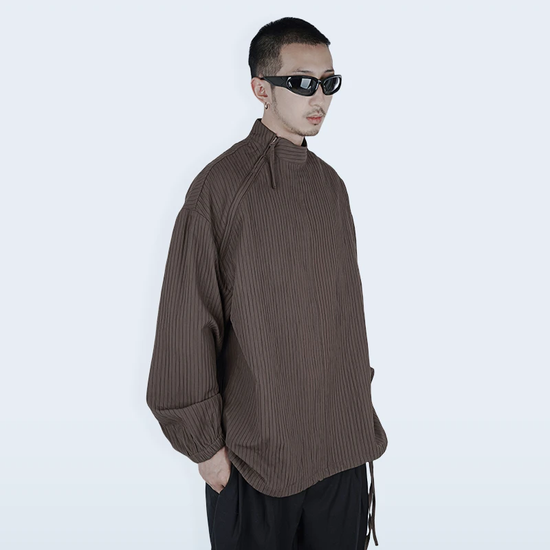 STREAMLET.CHEN:订制纯色暗条纹提花面料 斜拉链飘带立领衬衫