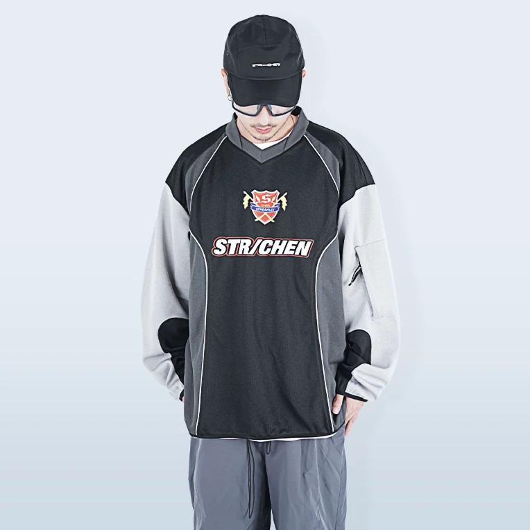 STR/CHEN:叠加错位领口设计 美式撞色拼接长袖运动服球衣