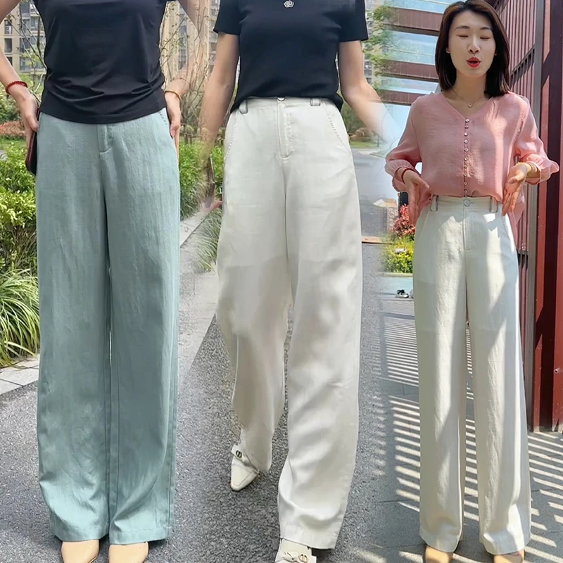 2024夏新款天丝亚麻阔腿裤女休闲裤显瘦高腰直筒拖地裤人字纹裤子