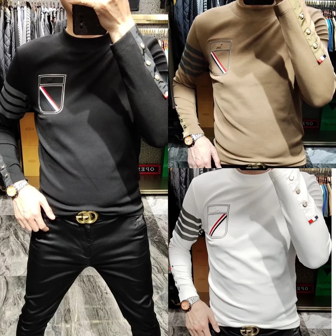 6219春秋男士灰色条T恤长袖潮流时尚百搭高级感修身商务舒适