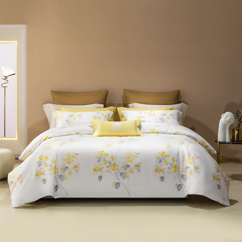 梦洁家纺兰精天丝印花四件套简约轻奢植物花卉小清新碧春花语