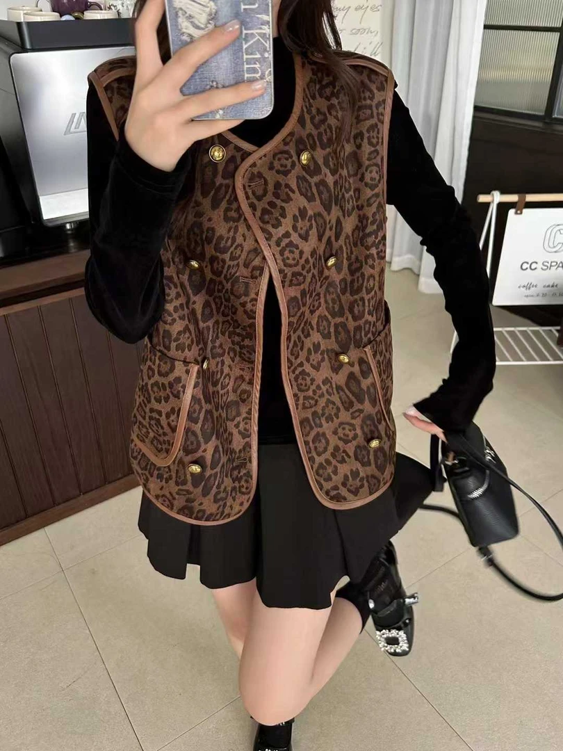 欧洲站复古豹纹双排扣马夹外套女2024秋季新款时尚百搭马甲上衣潮