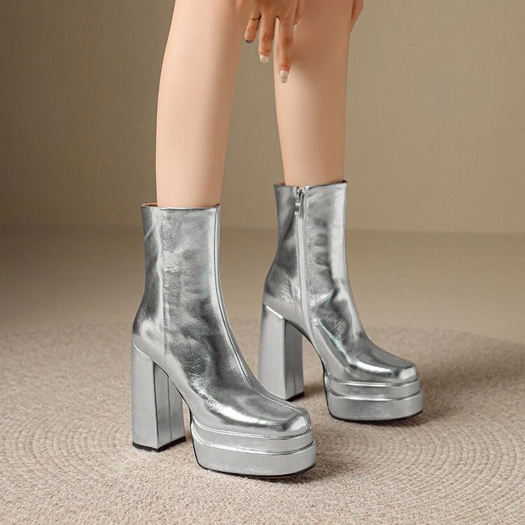 欧美外贸秋冬皮靴银色靴子性感防水台粗跟高跟短靴女真皮女靴NPK