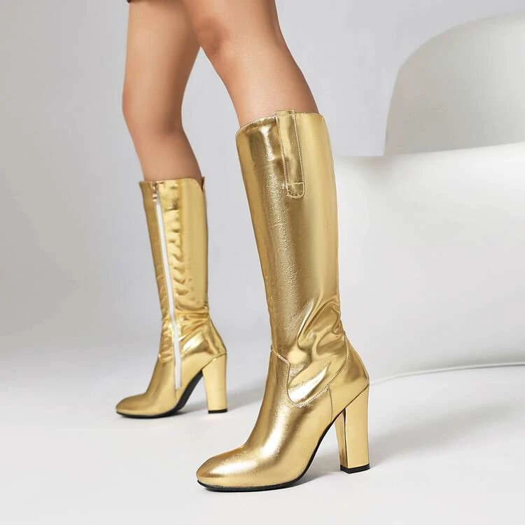 秋冬皮靴粗跟高跟高筒靴女模特走秀舞台表演银色金色靴子大码 LQW