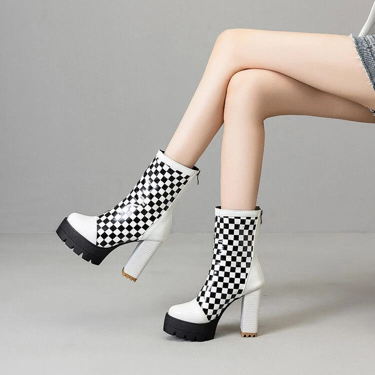 欧美外贸性感皮靴白色靴子粗跟高跟短靴女棋盘格中筒大码女靴ZGUA