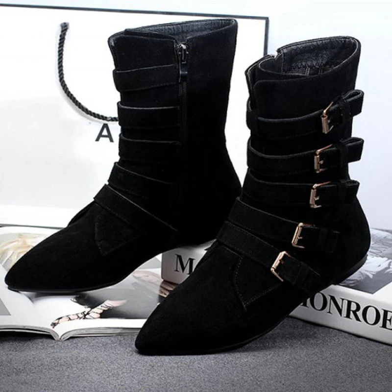 磨砂女靴秋冬新款真皮马丁靴尖头平跟潮短靴中筒靴平底女靴子 LDX