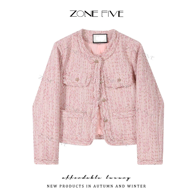 【zonefive】现做粉色小香风外套设计师款含金线轻奢时尚编织外套