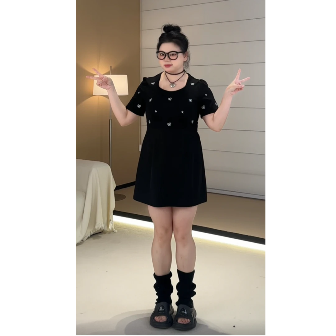 菠菜微胖定制~日常夏季大码女装气质名媛遮肉显瘦连衣裙 LHC1322