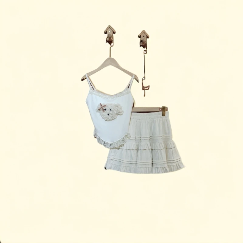 米雪严选一可爱小狗吊带纯欲辣妹背心女秋冬+A字蓬蓬蛋糕裙套装