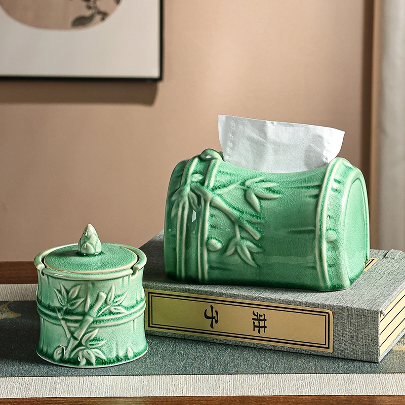 新中式创意竹子纸巾盒摆件客厅茶室桌面装饰品禅意复古抽纸收纳盒