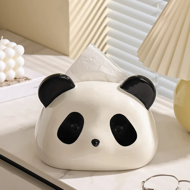大眼熊猫纸巾盒客厅纸抽盒陶瓷抽纸盒家用摆件可爱创意餐巾纸盒