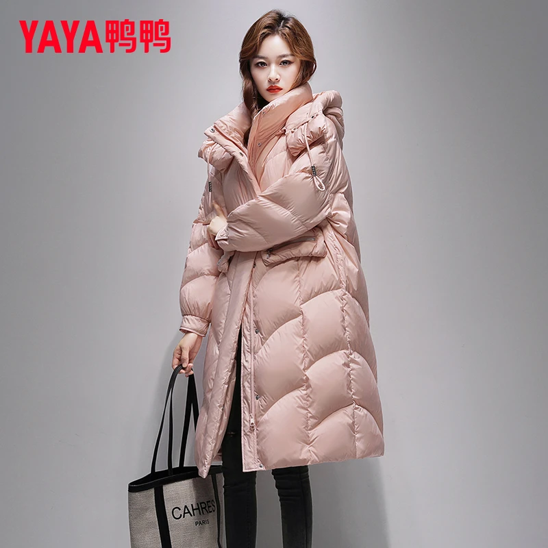 YAYA/鸭鸭连帽中长款羽绒服女士冬季时尚宽松小个子防寒保暖外套
