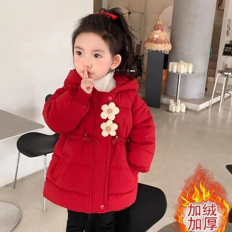 女童冬季棉服儿童棉袄棉衣2024新款宝宝洋气冬装加绒红色拜年服可