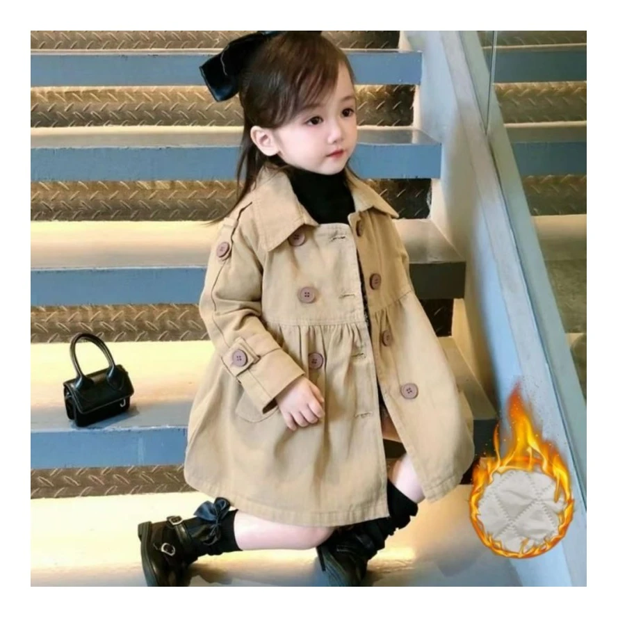 女童外套新版秋冬加棉儿童风时尚中小童双排扣中长款洋气欧美风潮