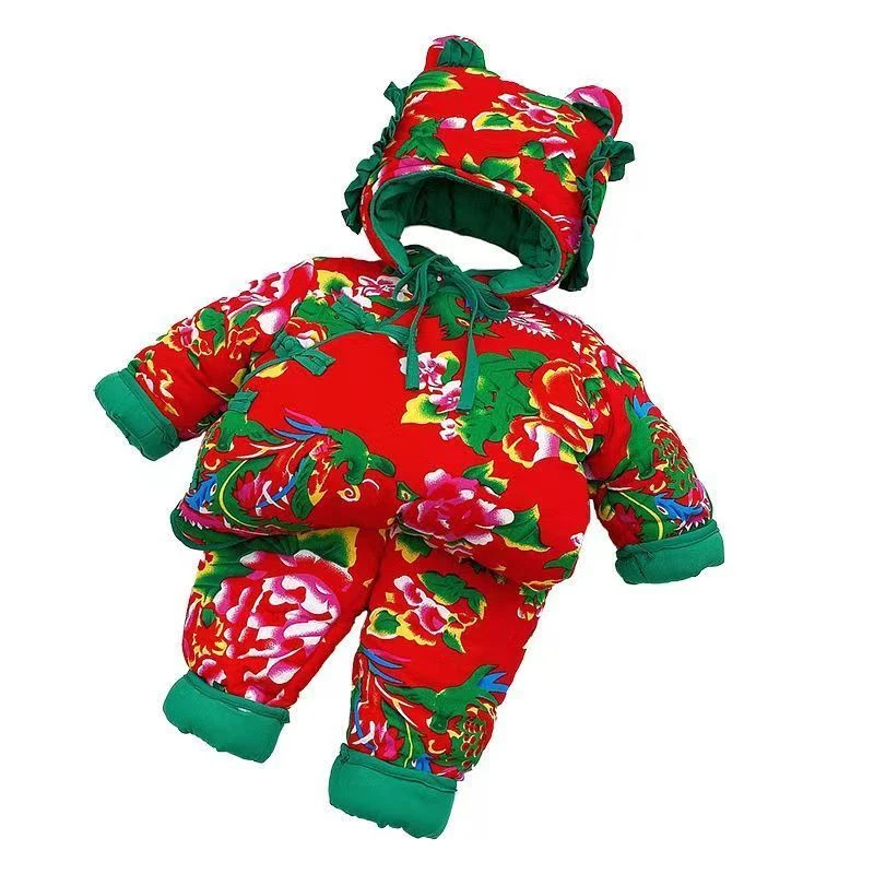 国潮东北大花女童棉衣儿童宝宝婴儿冬装套装男童过年唐装加厚棉服