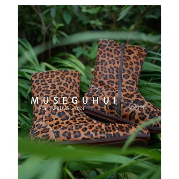 museguhui/木色古汇豹纹鞋女士时尚短筒百搭设计款豹纹靴