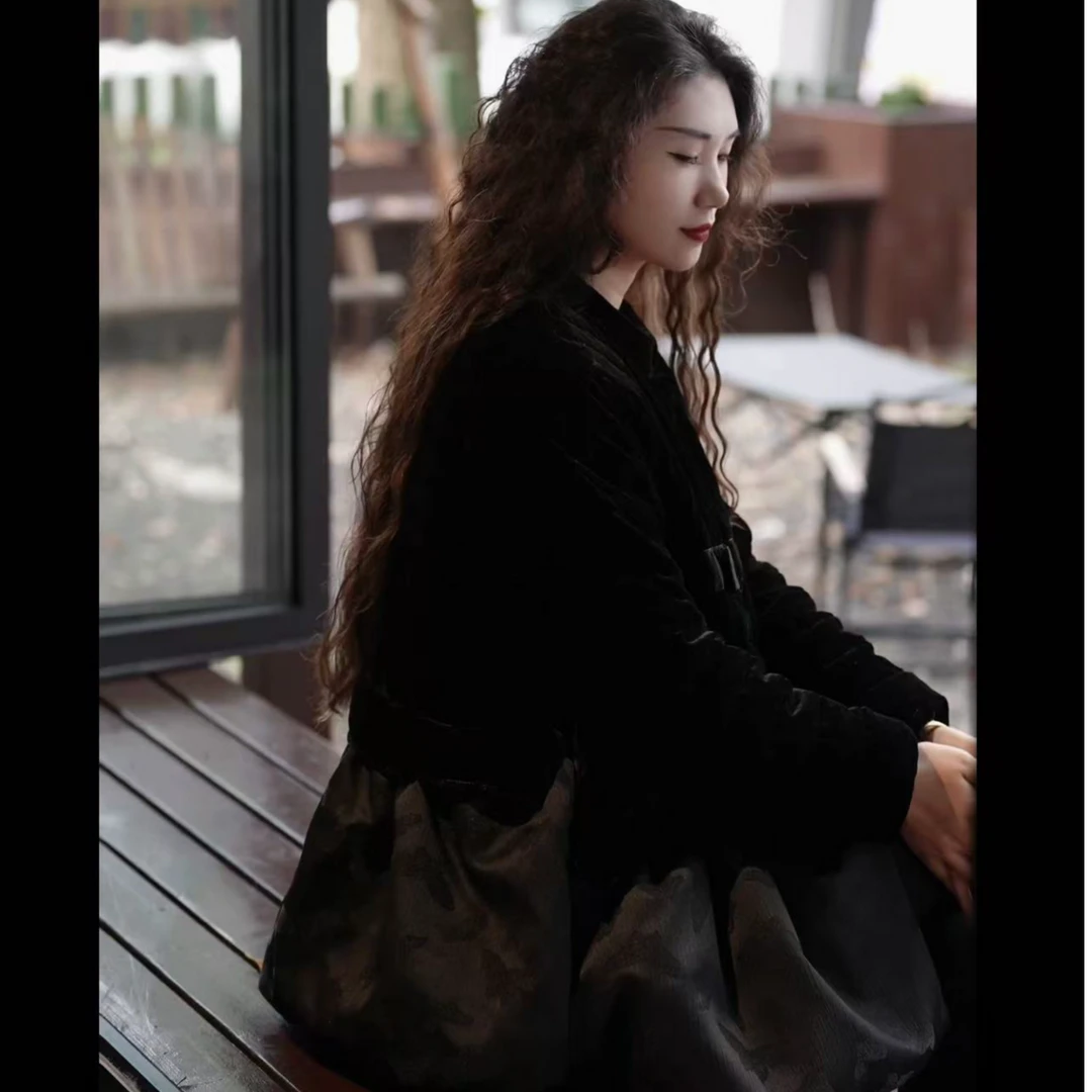 museguhui/木色古汇88191#羽绒服气质长袖国风拼接黑色ins设计师