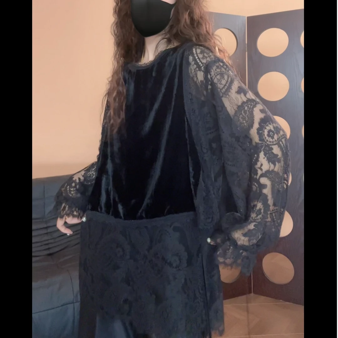 museguhui/木色古汇7023#拼接丝绒衫时尚蕾丝性感黑色设计师