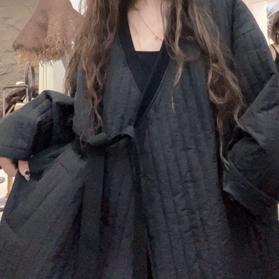 museguhui/木色古汇7303#气质设计感时尚黑色纯色百搭和服棉服