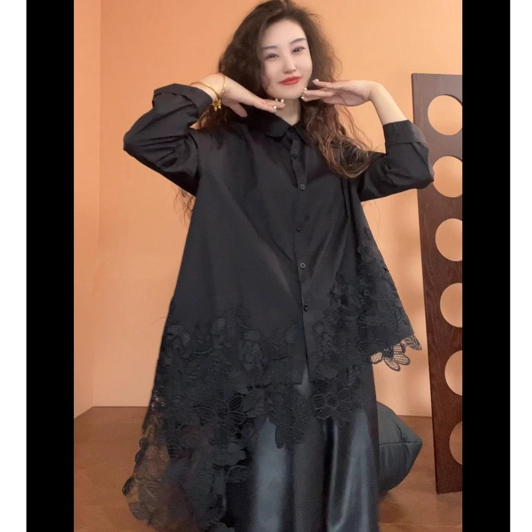 museguhui/木色古汇7602#拼接蕾丝衬衣气质长袖衬衫黑色小众
