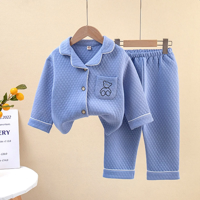 儿童厚睡衣秋冬加厚夹棉套装新款男童女童小孩加绒保暖家居服套装