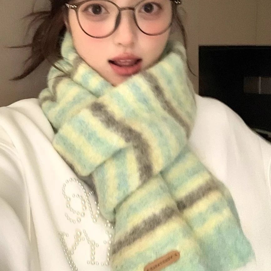 多巴胺条纹围巾冬季女加厚保暖彩色围脖针织撞色拼色百搭防寒披肩