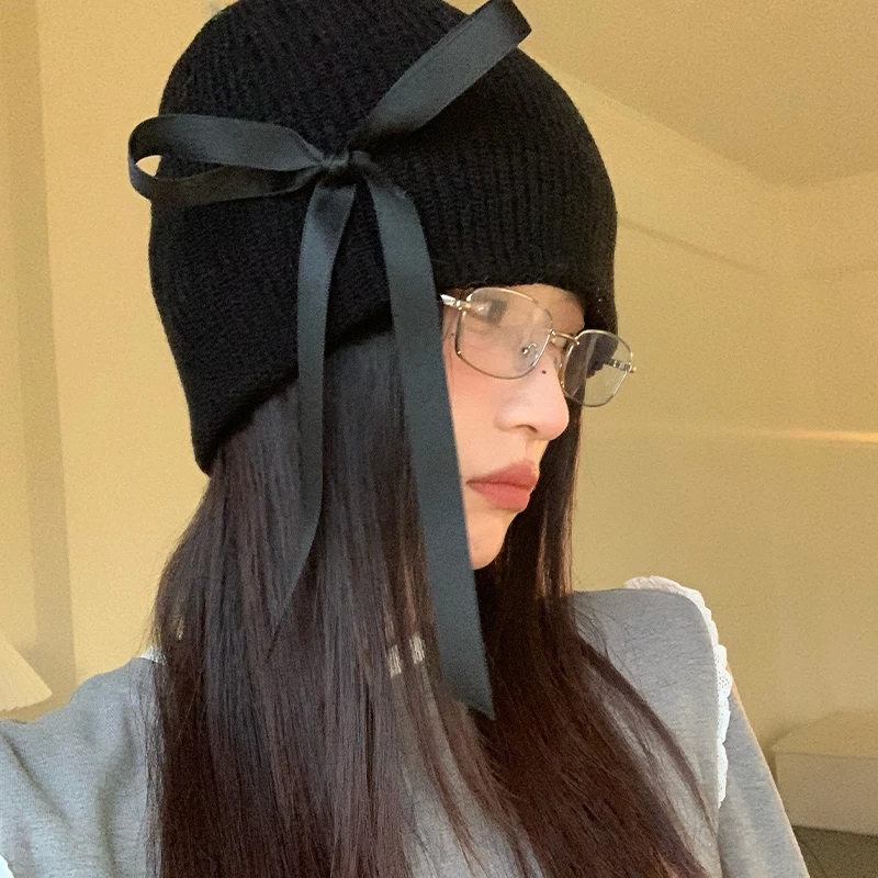 Jennie同款韩系针织蝴蝶结毛线帽子女款保暖护耳显脸小包头帽甜美
