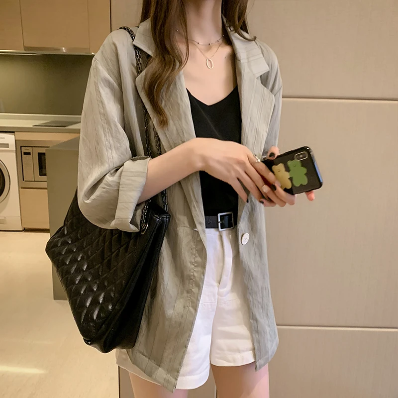 高档薄款防晒条纹雪纺衬衫外穿女2023夏季新款宽松休闲中长款上衣