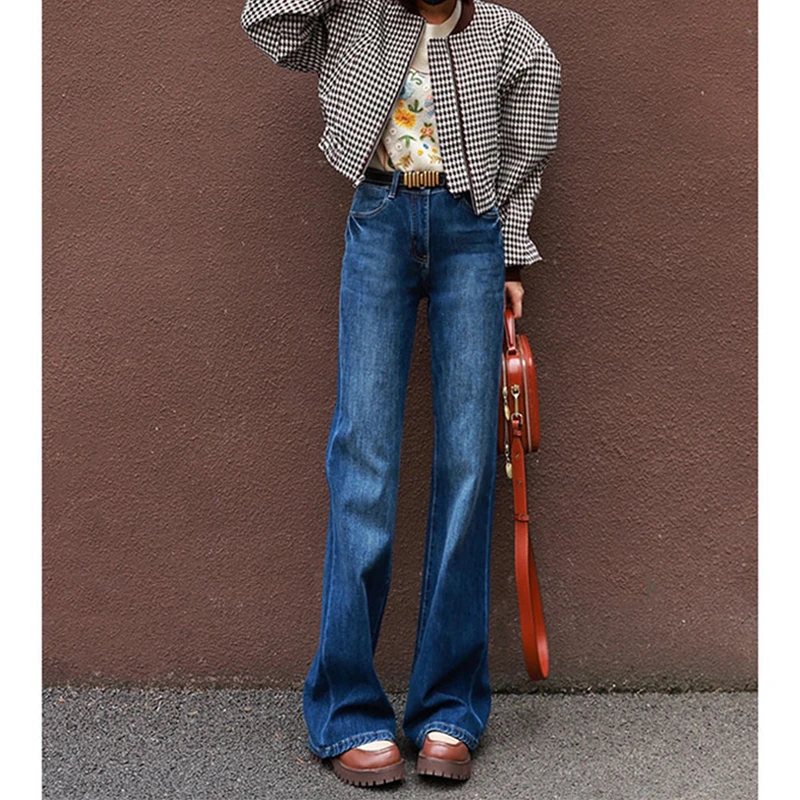 微喇牛仔裤女春秋新款欧货高腰直筒宽松阔腿梨形身材小个子拖地裤