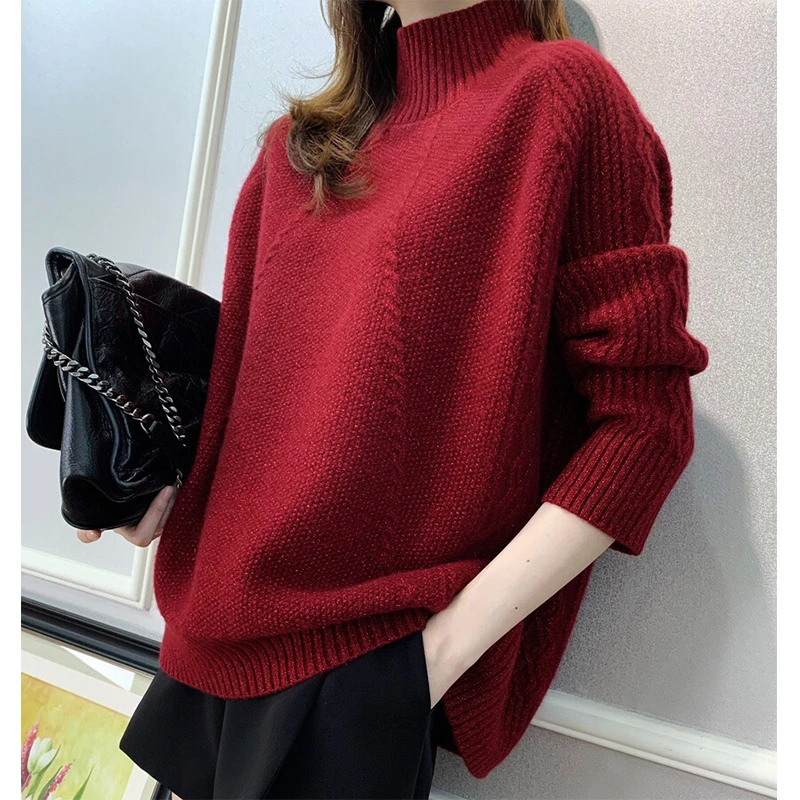 高领女士红色加厚毛衣外套秋冬2025新款宽松慵懒风针织洋气上衣女