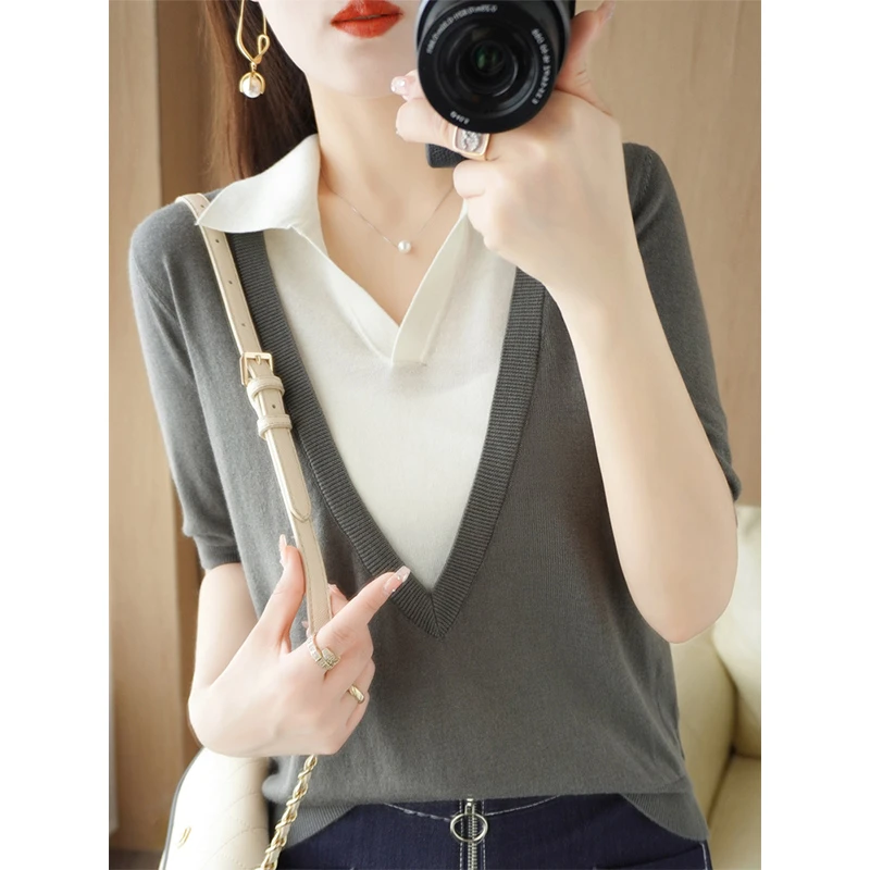 2025夏季新款假两件短袖V领上衣polo领高档冰丝针织衫薄款气质夏