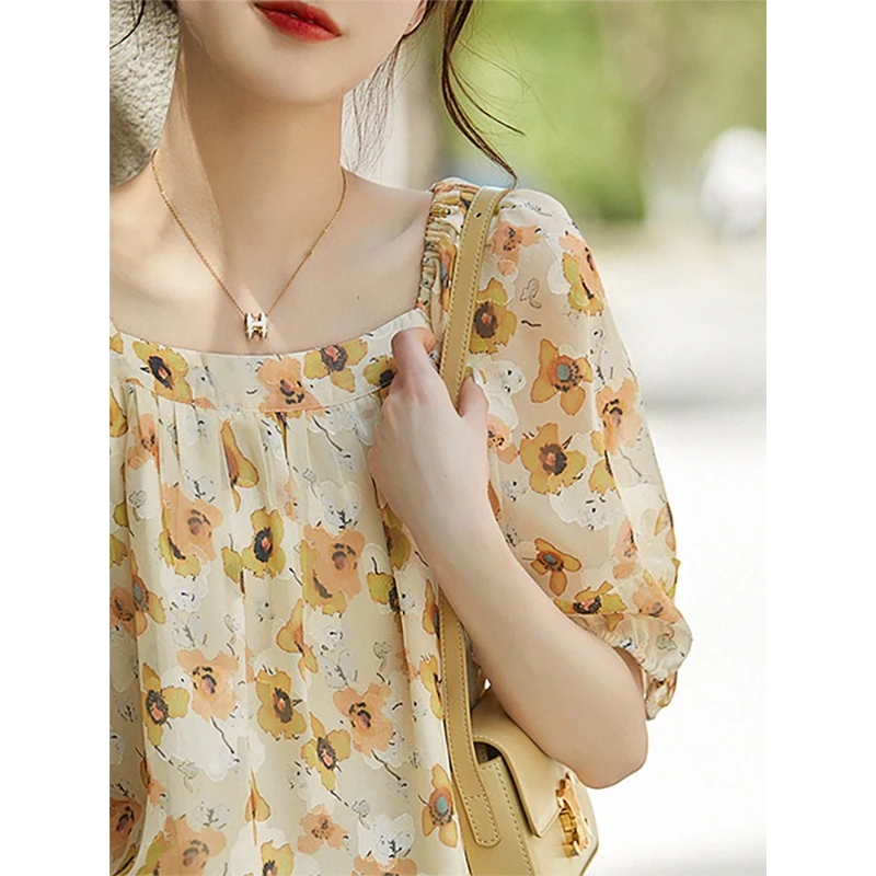 高档碎花雪纺衬衫女泡泡短袖遮肚子薄款上衣夏季洋气漂亮气质小衫