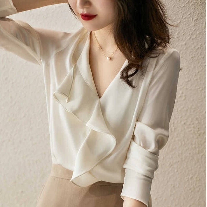 高档雪纺气质长袖衬衫女夏季新款女装洋气小衫V领荷叶边薄款上衣