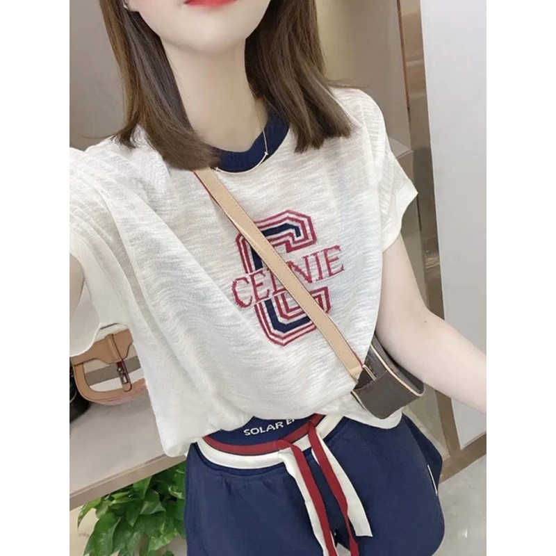 白色薄款冰丝短袖t恤女2025夏装新款女装高端洋气小衫亚麻上衣夏